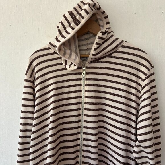 Onque Casuals Zip Front Hoodie Womens Large Cream Brown Striped Cozy Minimalist - Picture 3 of 5